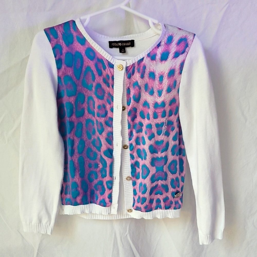 Roberto Cavalli White and Purple Leopard Silk Cardigan Girls Sz 4t